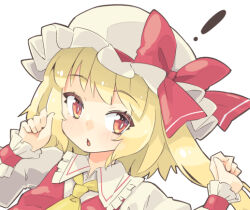Rule 34 | !, 1girl, arnest, ascot, blonde hair, collared shirt, flandre scarlet, frilled shirt collar, frills, hat, long hair, mob cap, one side up, portrait, red eyes, red vest, shirt, simple background, solo, touhou, vest, white background, white hat, white shirt, wrist cuffs, yellow ascot