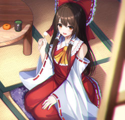 Rule 34 | 1girl, 7saki, ascot, bad id, bad pixiv id, blush, bow, brown eyes, brown hair, chromatic aberration, commentary request, cup, cushion, detached sleeves, dress, ear cleaning, food, frills, fruit, hair between eyes, hair bow, hair tubes, hakurei reimu, highres, holding, indoors, lap pillow invitation, long hair, long sleeves, looking at viewer, mimikaki, nontraditional miko, open mouth, orange (fruit), red bow, red dress, ribbon-trimmed sleeves, ribbon trim, sitting, solo, table, touhou, very long hair, wide sleeves, yellow ascot, zabuton