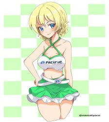 Rule 34 | 1girl, arm behind back, belt, blonde hair, blue eyes, braid, breasts, checkered background, cleavage, closed mouth, clothes writing, commentary, criss-cross halter, crop top, cropped legs, darjeeling (girls und panzer), girls und panzer, green background, green skirt, halterneck, hand on own hip, head tilt, highres, layered skirt, logo, looking at viewer, medium breasts, miniskirt, namatyoco, navel, pacific racing team, race queen, shirt, short hair, skirt, smile, solo, standing, twin braids, twitter username, white belt, white shirt