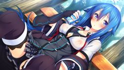 Rule 34 | 1girl, aristear remain, bench, black gloves, black panties, black thighhighs, blue eyes, blue hair, blush, can, cleavage cutout, clothing cutout, drink can, fingerless gloves, furukawa mai, game cg, gloves, hair ornament, hairclip, holding, holding can, long hair, official art, panties, pantyshot, plaid, plaid skirt, pleated skirt, rozea (graphmelt), see-through, short sleeves, sitting, skirt, soda can, solo, thighhighs, underwear