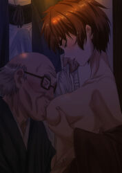 Rule 34 | 1girl, 2boys, age difference, breast sucking, breasts, breasts out, brown eyes, brown hair, bulge, clothed sex, clothes, erection, erection under clothes, glasses, grey hair, highres, kosokosomaru (higashi taishi), medium breasts, multiple boys, old, old man, older man and younger girl, open mouth, original, short hair