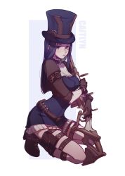 Rule 34 | 1girl, artist name, belt, black hair, breasts, brown belt, brown gloves, bullet, caitlyn (league of legends), frills, gloves, gun, hat, heart, highres, holding, holding gun, holding weapon, jacket, kneeling, large breasts, league of legends, long hair, long sleeves, looking at viewer, pouch, rifle, ruan chen yue, shoes, sniper rifle, solo, thigh pouch, thigh strap, top hat, weapon, white background