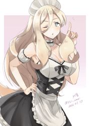 Rule 34 | 1girl, alternate costume, apron, black dress, blonde hair, blue eyes, blush, breasts, cleavage, collarbone, dated, dress, enmaided, highres, index finger raised, kantai collection, large breasts, long hair, maid, maid apron, maid headdress, mole, mole under eye, mole under mouth, one-hour drawing challenge, one eye closed, open mouth, richelieu (kancolle), signature, solo, toriniku senshi chikinman, twitter username, waist apron, white apron