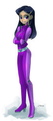Rule 34 | 1girl, black hair, bodysuit, hair ornament, hairclip, highres, latex, latex suit, lips, looking at viewer, mandy (totally spies), purple eyes, simple background, solo, totally spies