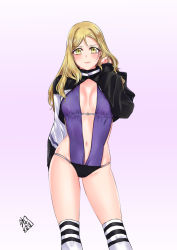 Rule 34 | 1girl, akira miku ver, arm behind back, bikini, black bikini, blonde hair, breasts, casual one-piece swimsuit, cleavage, closed mouth, gluteal fold, gradient background, grey background, hand in own hair, highres, jacket, long hair, long sleeves, looking at viewer, love live!, love live! sunshine!!, medium breasts, navel, ohara mari, one-piece swimsuit, open clothes, open jacket, purple one-piece swimsuit, smile, solo, standing, striped clothes, striped legwear, striped thighhighs, swimsuit, thighhighs, white background, yellow eyes