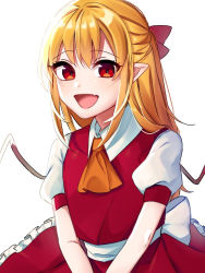 Rule 34 | 1girl, :d, ascot, blonde hair, bow, brown wings, collared shirt, commentary request, eringi (rmrafrn), flandre scarlet, frilled skirt, frills, hair between eyes, hair bow, long hair, looking at viewer, open mouth, orange ascot, pointy ears, puffy short sleeves, puffy sleeves, red bow, red eyes, red skirt, red vest, shirt, short sleeves, simple background, skirt, smile, solo, touhou, very long hair, vest, white background, white shirt, wings
