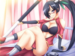 Rule 34 | 1girl, arc system works, bad id, bad pixiv id, bare shoulders, black hair, blazblue, blazblue: calamity trigger, blush, breasts, cleavage, glasses, hair ornament, lao jiu, large breasts, crossed legs, litchi faye ling, mikan (5555), purple eyes, side ponytail, sitting, solo