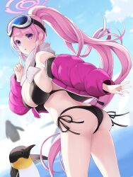 Rule 34 | 1girl, ass, bare shoulders, bikini, bird, black bikini, blue archive, blush, breasts, cleavage, eimi (blue archive), eimi (swimsuit) (blue archive), goggles, goggles on head, halo, high ponytail, highres, jacket, koflif, large breasts, long hair, long sleeves, looking at viewer, looking back, off shoulder, open clothes, open jacket, penguin, pink hair, pink jacket, purple eyes, scarf, sidelocks, ski goggles, solo, swimsuit, thighs, white scarf