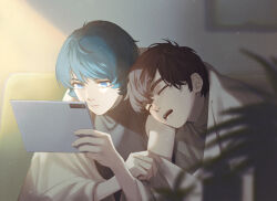 Rule 34 | 2boys, artist logo, black shirt, blanket, blue eyes, blue hair, blurry, blurry foreground, brown hair, chromatic aberration, closed eyes, closed mouth, couch, drooling, expressionless, fern, film grain, gundam, gundam zz, high collar, holding, holding tablet pc, indoors, judau ashta, kamille bidan, leaning on person, light particles, looking at object, male focus, multiple boys, no jacket, open mouth, shared blanket, shirt, short hair, sitting, sleeping, sleeveless, sleeveless shirt, sunlight, tablet pc, thick eyebrows, turtleneck, ususio 11, yellow shirt