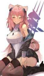Rule 34 | 1girl, :d, absurdres, animal ear fluff, animal ears, arknights, armor, bare shoulders, black footwear, black jacket, blush, boots, breastplate, brown thighhighs, clothing cutout, gravel (arknights), headset, high heel boots, high heels, highres, hrk (dxez4457), jacket, knee boots, leotard, leotard under clothes, long hair, long sleeves, looking at viewer, off shoulder, open clothes, open jacket, open mouth, orange eyes, parted lips, pink hair, sitting, smile, solo, tail, tail through clothes, thick thighs, thighhighs, thighs, torn clothes, torn thighhighs, very long hair, white leotard