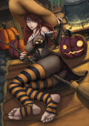 Rule 34 | 1girl, absurdres, ass, bare shoulders, black1905, breasts, bridal gauntlets, broom, cameltoe, feet, halloween, hat, highres, jack-o&#039;-lantern, large breasts, lipstick, long hair, looking at viewer, lying, makeup, no shoes, on stomach, one eye closed, open mouth, original, panties, panties under pantyhose, pantyhose, pumpkin, red eyes, red hair, skirt, smile, soles, solo, striped clothes, striped thighhighs, thighhighs, toeless legwear, toes, underwear, upskirt, wink, witch, witch hat