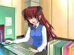 Rule 34 | 1girl, bad id, bad pixiv id, demon girl, horns, keyboard (computer), long hair, mouse (computer), office lady, okina ika, original, pointy ears, red eyes, red hair, solo