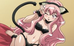 Rule 34 | 00s, 1girl, animal ears, artist request, blush, cat ears, cat tail, flat chest, highres, long hair, louise francoise le blanc de la valliere, midriff, navel, one eye closed, paw pose, pink eyes, pink hair, solo, tail, vector trace, zero no tsukaima