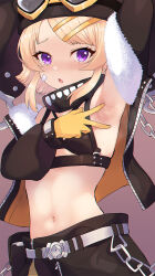 Rule 34 | 1girl, armpits, azur lane, belt, black jacket, blonde hair, fur-trimmed jacket, fur trim, gloves, goggles, goggles on headwear, grozny (azur lane), grozny (shadowy syndicate showdown) (azur lane), hair ornament, hat, highres, jacket, looking at viewer, midriff, navel, official alternate costume, open clothes, open jacket, presenting armpit, purple hair, shoutaro saito, spread armpit, sweat, yellow gloves