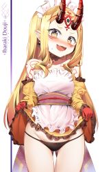 Rule 34 | 1girl, absurdres, alternate costume, apron, black panties, blonde hair, blush, breasts, character name, cowboy shot, earrings, enmaided, facial mark, fate/grand order, fate (series), fingernails, forehead mark, frilled apron, frills, highres, horns, ibaraki douji (fate), japanese clothes, jewelry, kimono, kuse (0201), lifting own clothes, long hair, lowleg, lowleg panties, maid, maid apron, maid headdress, nose blush, obi, oni, oni horns, panties, pointy ears, sash, sharp fingernails, small breasts, solo, standing, tattoo, underwear, wa maid, white apron, yellow eyes, yellow kimono