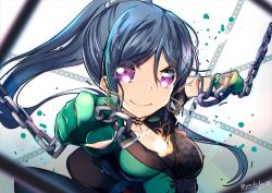 Rule 34 | 1girl, artist name, artist request, azalea (love live!), black choker, black dress, blue hair, blush, breasts, buttons, chain, choker, cleavage, dress, female focus, floating hair, gloves, green dress, green gloves, hair between eyes, high ponytail, himitsu no story (love live!), holding, holding chain, in the dark (love live!), long hair, looking at viewer, love live!, love live! school idol festival, love live! sunshine!!, matsuura kanan, medium breasts, parted lips, ponytail, purple eyes, short sleeves, smile, solo, the secret story (love live!), two-tone dress, upper body, v-shaped eyebrows, wavy hair, white background