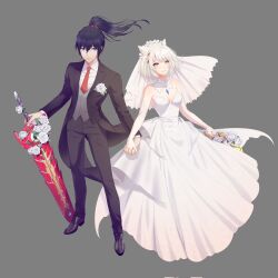 Rule 34 | 1boy, 1girl, animal ear fluff, animal ears, bare shoulders, black hair, black jacket, black pants, blue eyes, breasts, closed mouth, coattails, collarbone, collared shirt, commentary request, corrupted twitter file, cyacyacyacyaki, dress, elbow gloves, flower, formal, gloves, grey background, grey vest, hair between eyes, hetero, highres, holding, holding hands, holding sword, holding weapon, jacket, mio (xenoblade), necktie, noah (xenoblade), open clothes, open jacket, pants, ponytail, red necktie, rose, shirt, simple background, small breasts, smile, strapless, strapless dress, suit, sword, veil, vest, weapon, wedding dress, white dress, white flower, white gloves, white hair, white rose, white shirt, xenoblade chronicles (series), xenoblade chronicles 3, yellow eyes