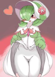 Rule 34 | 1girl, artist request, blush, bonnet, breasts, cleavage, cleft of venus, clothes lift, colored skin, creatures (company), dress, dress lift, female focus, game freak, gardevoir, gen 3 pokemon, green hair, hair over one eye, heart, highres, large breasts, lips, nintendo, pink eyes, pokemon, pokemon (creature), pokemon unite, pussy, short hair, solo, thick thighs, thighs, white skin