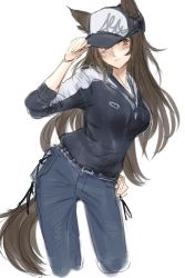 Rule 34 | 1girl, alternate costume, animal ears, belt, black hat, black jacket, blush, breasts, brown eyes, brown hair, commentary request, contemporary, contrapposto, cowboy shot, cropped legs, denim, hand on headwear, hand on own hip, hat, hat over one eye, imaizumi kagerou, jacket, jeans, long hair, matching hair/eyes, medium breasts, one eye covered, pants, simple background, sketch, solo, standing, sweat, tail, terrajin, torn clothes, torn hat, touhou, white background, wolf ears, wolf tail