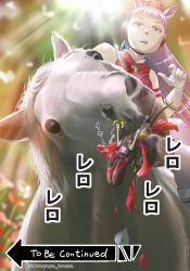 Rule 34 | 2girls, afterimage, armband, bow, bowtie, brown hair, clenched hand, commentary, creature and personification, crying, ear covers, flower, frilled sleeves, frills, gloves, gold ship (racehorse), gold ship (umamusume), hairband, head tilt, headgear, horse, horse girl, horseback riding, jojo no kimyou na bouken, light rays, mini person, minigirl, motion lines, multiple girls, nishino flower (umamusume), pillbox hat, pink eyes, red bow, red bowtie, red flower, riding, scrunchie, short hair, short sleeves, streaming tears, tears, to be continued, tongue, tongue out, umamusume, umayasu, vore, wavy mouth, white gloves, wrist scrunchie