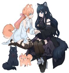Rule 34 | !, 2girls, :&lt;, animal ears, animalization, ankle boots, ascot, bare shoulders, black coat, black dress, black footwear, black hair, black thighhighs, blue eyes, boots, brown footwear, cat, cat ears, cat girl, cat tail, choker, clothing cutout, coat, commentary, dog, dog ears, dog girl, dog tail, dress, extra ears, final fantasy, final fantasy xiv, fishnet thighhighs, fishnets, from side, full body, gaia (ff14), hair ribbon, hand on another&#039;s hand, hand on hand, hand on own knee, highres, hyur, kemonomimi mode, legs together, long hair, long sleeves, looking at another, multiple girls, off shoulder, orange hair, puffy long sleeves, puffy sleeves, purple ascot, purple choker, ribbon, ryne waters, seiza, shoulder cutout, simple background, sitting, slit pupils, smile, symbol-only commentary, tail, thigh boots, thighhighs, wavy hair, white background, white dress, wide-eyed, wuliu heihuo