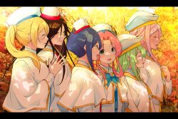 Rule 34 | 6+girls, aika granzchesta, akira ferrari, alice carroll, alicia florence, andanden, aria (manga), aria company uniform, athena glory, autumn leaves, beret, blonde hair, blue hair, blush, brown eyes, brown hair, capelet, closed eyes, dress, forehead, gold trim, green eyes, green hair, hair between eyes, hair ornament, hair over shoulder, hair rings, hair tubes, hand up, hands up, hat, highres, himeya company uniform, letterboxed, long hair, long sleeves, looking at another, mizunashi akari, multiple girls, open mouth, orange background, orange planet uniform, outdoors, own hands together, parted bangs, pink hair, ponytail, print dress, red headwear, shadow, short hair with long locks, sidelocks, upper body, white capelet, white dress, white headwear