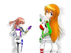 Rule 34 | 2girls, alternate costume, back, breasts, charlotte e. yeager, cosplay, francie gerard, gloves, isosceles triangle (xyzxyzxyz), jumpsuit, large breasts, looking at viewer, md5 mismatch, multiple girls, orange hair, racing suit, red hair, smile, strike witches, twintails, world witches series