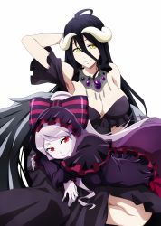 Rule 34 | absurdres, albedo (overlord), black feathers, black hair, black wings, breasts, demon girl, demon horns, dress, feathers, gothic lolita, hair between eyes, highres, horns, lolita fashion, long hair, looking at viewer, multiple girls, non-web source, official art, official style, overlord (maruyama), ponytail, red eyes, shalltear bloodfallen, simple background, smile, vampire, very long hair, white background, wings