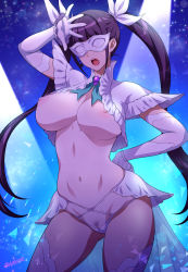 Rule 34 | 1girl, black hair, breasts, cameltoe, collar, elbow gloves, female pubic hair, frilled sleeves, frills, gloves, highres, idol, joy ride, kuon nanami, large breasts, lights, mask, navel, nipples, open mouth, panties, paripi koumei, pubic hair, revealing clothes, see-through, thighs, twintails, underwear, white gloves, white legwear, white panties