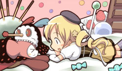 Rule 34 | &gt; &lt;, 10s, 1girl, biting, blonde hair, blush stickers, cake, candy, charlotte (madoka magica), chibi, chocolate, closed eyes, cosplay, drill hair, food, fruit, gloves, hand puppet, head biting, lee (monsterheart), lying, mahou shoujo madoka magica, mahou shoujo madoka magica (anime), miniskirt, on stomach, open mouth, pink hair, pocky, puppet, role reversal, shirt, single glove, skirt, smile, strawberry, striped clothes, striped thighhighs, thighhighs, tomoe mami, tomoe mami (cosplay), twin drills, twintails, vertical-striped clothes, vertical-striped thighhighs, yellow skirt, zettai ryouiki