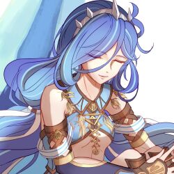 Rule 34 | 1girl, arm guards, blue hair, closed eyes, crown, dana (ys), hair ribbon, highres, jewelry, long hair, necklace, parted bangs, portrait, ribbon, riwancece 428, sleeping, smile, solo, ys, ys viii lacrimosa of dana