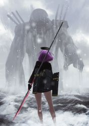 Rule 34 | 10s, 1girl, abyssal ship, arms at sides, back, black gloves, blurry, cloud, from behind, glaive (polearm), gloves, grey sky, halo, highres, holding, holding weapon, kantai collection, legs apart, long sleeves, machinery, mechanical halo, ocean, outdoors, polearm, purple hair, short hair, size difference, skirt, sky, snowing, solo focus, standing, tatsuta (kancolle), water, waves, weapon, wind, yue (tada no saboten)