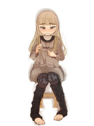 Rule 34 | 1girl, barefoot, blonde hair, blush, brown eyes, casual, face, full body, leg warmers, leggings, long hair, mune, no eyewear, patterned legwear, perrine h. clostermann, pigeon-toed, simple background, sitting, solo, strike witches, toeless legwear, world witches series