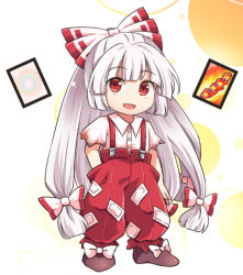 Rule 34 | 1girl, baggy pants, bow, brown footwear, collared shirt, fujiwara no mokou, hair bow, hand in pocket, long hair, open mouth, pants, pote (ptkan), red eyes, red pants, shirt, shoes, short sleeves, smile, solo, suspenders, touhou, white bow, white hair, white shirt