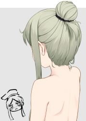 Rule 34 | 1girl, back, back focus, bare back, commentary request, gloves, green gloves, grey background, hair bun, highres, mashirohiyuki, nape, short hair with long locks, sidelocks, simple background, solo, teireida mai, topless, touhou