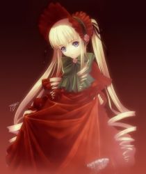 Rule 34 | 00s, 1girl, blonde hair, blue eyes, bonnet, clothes grab, curtsey, doll, dress, expressionless, hat, lolita fashion, long hair, red dress, red theme, ribbon, rozen maiden, shinku, signature, simple background, solo, tony taka, twintails, very long hair