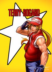Rule 34 | 1boy, absurdres, baseball cap, blonde hair, blue eyes, character name, dated, fatal fury, fingerless gloves, gloves, hat, highres, kumsmkii, long hair, male focus, muscular, ponytail, signature, sleeveless, solo, terry bogard, the king of fighters, vest