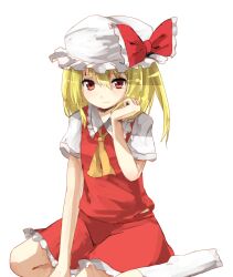 Rule 34 | 1girl, ascot, blonde hair, bow, closed mouth, collared shirt, flandre scarlet, frilled bow, frilled shirt collar, frilled skirt, frills, full body, hat, hat bow, light smile, long hair, looking at viewer, miyaran01, mob cap, one side up, puffy short sleeves, puffy sleeves, red bow, red eyes, red skirt, red vest, shirt, short sleeves, simple background, sitting, skirt, skirt set, socks, solo, touhou, vest, wariza, white background, white hat, white shirt, white socks, yellow ascot