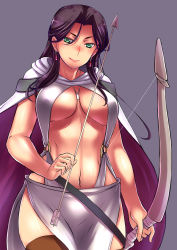 Rule 34 | 1girl, arrow (projectile), arslan senki, bad id, bad pixiv id, black hair, bow (weapon), breasts, cape, earrings, falangies, green eyes, highres, jewelry, large breasts, loincloth, long hair, navel, revealing clothes, solo, thighhighs, tiha, underboob, weapon