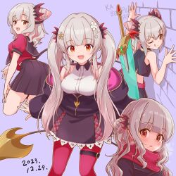 Rule 34 | 1girl, :d, :q, black jacket, black sailor collar, black skirt, blush, breasts, brick wall, brown eyes, double bun, feet out of frame, flower, gagame, grey hair, grey skirt, hair bun, hair flower, hair ornament, highres, indie virtual youtuber, jacket, lace, lace-trimmed skirt, lace trim, large breasts, listening, long hair, looking at viewer, medium bangs, multiple views, off shoulder, one eye closed, open mouth, pantyhose, raised eyebrow, red pantyhose, red scarf, red shirt, sailor collar, scarf, school uniform, serafuku, shirt, sidelocks, skirt, sleeveless, sleeveless shirt, smile, suou patra, tongue, tongue out, virtual youtuber, white flower, white shirt