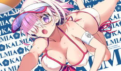 Rule 34 | adapted costume, armband, ass, bad link, ball, bare legs, bikini, black-framed eyewear, bouncing breasts, breasts, butt crack, collarbone, fate/grand order, fate (series), front-tie bikini top, front-tie top, glasses, hair over one eye, halterneck, hiroyama hiroshi, large breasts, mash kyrielight, mash kyrielight (swimsuit of perpetual summer), official alternate costume, open mouth, pink hair, playing sports, purple eyes, short hair, side-tie bikini bottom, sweat, swimsuit, visor cap, volleyball, volleyball (object), white bikini