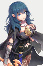 Rule 34 | 1girl, blue eyes, blue hair, breasts, brown pantyhose, byleth (female) (fire emblem), byleth (fire emblem), dagger, detached collar, fire emblem, fire emblem: three houses, gonzarez, hair between eyes, highres, knife, lace, lace-trimmed legwear, lace trim, large breasts, looking at viewer, medium hair, navel, nintendo, pantyhose, pantyhose under shorts, short shorts, shorts, sword, sword of the creator, tagme, vambraces, weapon