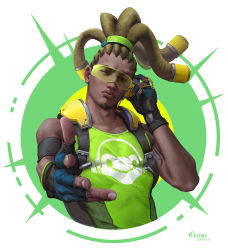 Rule 34 | 1boy, armband, brown hair, c home, dark-skinned male, dark skin, dated, dreadlocks, facial hair, fingerless gloves, gloves, goatee, hair ornament, head tilt, headphones, highres, lips, listening to music, long hair, looking at viewer, lucio (overwatch), male focus, nose, outstretched hand, overwatch, overwatch 1, realistic, shoulder pads, sleeveless, solo, tattoo, toned, visor
