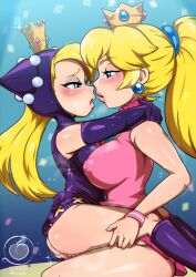 Rule 34 | 2girls, absurdres, arms around neck, artist name, ass, bare shoulders, blonde hair, blue background, blue eyes, blush, boots, breasts, confetti, cotonus, covered erect nipples, crown, dress, earrings, elbow gloves, eyeshadow, from side, gloves, gradient background, half-closed eyes, highres, hood, hood up, jewelry, knee boots, large breasts, lips, long hair, looking at another, makeup, mario (series), mario tennis, medium breasts, multiple girls, nintendo, open mouth, pink dress, pink lips, ponytail, princess peach, purple dress, purple footwear, purple gloves, pussy juice, short dress, sitting, sitting on person, sleeveless, sweat, warupeach, wristband, yuri