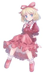 Rule 34 | 1girl, blonde hair, bloomers, blue eyes, blush, bow, breasts, bubble skirt, doll, frilled shirt, frilled shirt collar, frilled sleeves, frills, medicine melancholy, puffy short sleeves, puffy sleeves, rangycrow, red bow, red neckwear, red ribbon, ribbon, shirt, short hair, short sleeves, sitting, skirt, small breasts, smile, touhou, underwear, wavy hair, white background