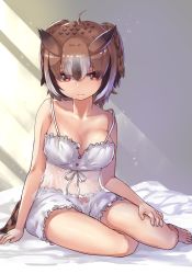 Rule 34 | 1girl, bare shoulders, barefoot, bed sheet, bird tail, bloomers, bow, bow bloomers, breasts, brown eyes, brown hair, collarbone, commentary, eurasian eagle owl (kemono friends), eyes visible through hair, frown, full body, hair between eyes, hand on own thigh, head wings, highres, kemono friends, lingerie, looking at viewer, medium breasts, multicolored hair, red bow, see-through, short hair, sitting, solo, spaghetti strap, strap gap, sunlight, tadano magu, tail, underwear, underwear only, white bloomers, white hair, wings, yokozuwari