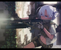 Rule 34 | 1girl, aiming, arms at sides, bad id, bad nicoseiga id, bike shorts, blue eyes, closed mouth, flashlight, gloves, grenade launcher, gun, hair ornament, hair scrunchie, handgun, holding, holding gun, holding weapon, holster, letterboxed, load bearing vest, midriff, military, mk 18 carbine, one side up, original, outdoors, pistol, plant, samaru (seiga), scrunchie, shadow, shirt, short hair, short sleeves, sight (weapon), solo, standing, tactical light, telescopic sight, thigh holster, underbarrel grenade launcher, wall, weapon, white hair, white shirt