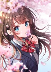 Rule 34 | 1girl, aqua eyes, blazer, blurry, blush, bow, bowtie, breasts, brown hair, cherry blossoms, collared shirt, depth of field, flower, from above, hair flower, hair ornament, hairclip, holding, holding flower, iro 178, jacket, long hair, long sleeves, looking at viewer, looking to the side, looking up, medium breasts, open clothes, open jacket, original, parted lips, petals, pink flower, red bow, red bowtie, school uniform, shirt, solo, spring (season), striped bow, striped bowtie, striped clothes, striped neckwear, sweater vest, twitter username, upper body, white shirt