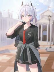 Rule 34 | 1girl, absurdres, ahoge, bag, black gloves, black shirt, black skirt, blue archive, blurry, blurry background, blush, breast pocket, closed mouth, clothes around waist, collared shirt, cowboy shot, erika (blue archive), gloves, grey eyes, grey hair, hand up, highres, holding, holding bag, horns, long sleeves, necktie, nonoa, outdoors, pocket, red necktie, school bag, shirt, short hair, skirt, sleeves rolled up, solo, standing
