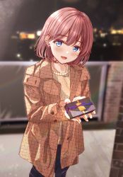 Rule 34 | 1girl, :d, beige sweater, black pants, blue eyes, blurry, blush, box, brick wall, city lights, coat, collarbone, earrings, fushimi asuha, gift, gift box, hair ornament, hairclip, highres, jewelry, light particles, long sleeves, looking at viewer, medium hair, necklace, night, night sky, open clothes, open coat, open mouth, original, outdoors, pants, pink hair, plaid, plaid coat, railing, ribbed sweater, sky, smile, solo, sweater, valentine